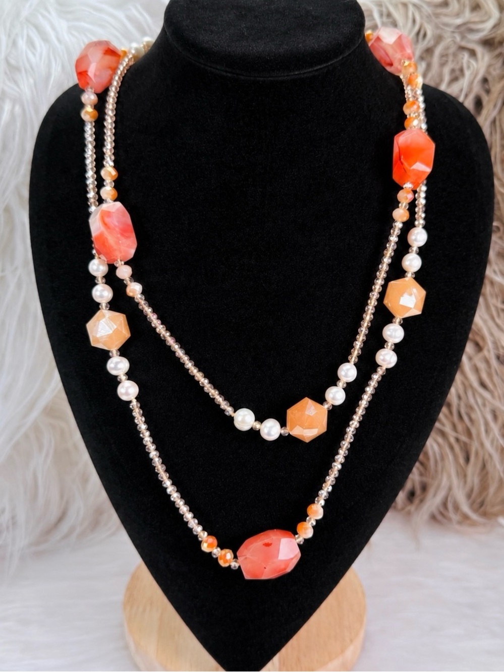Vintage Peach Coral Layered Bead Necklace Faux Pearl Accent